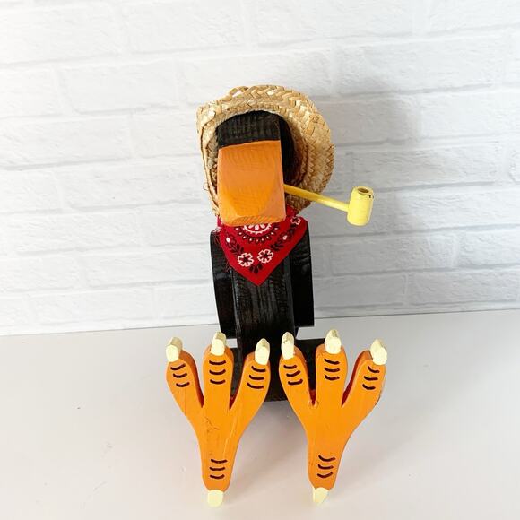 Primitive Black Crow Wood Shelf Sitter Figurine in Straw Hat Fall Pipe Folk Art - Picture 6 of 7